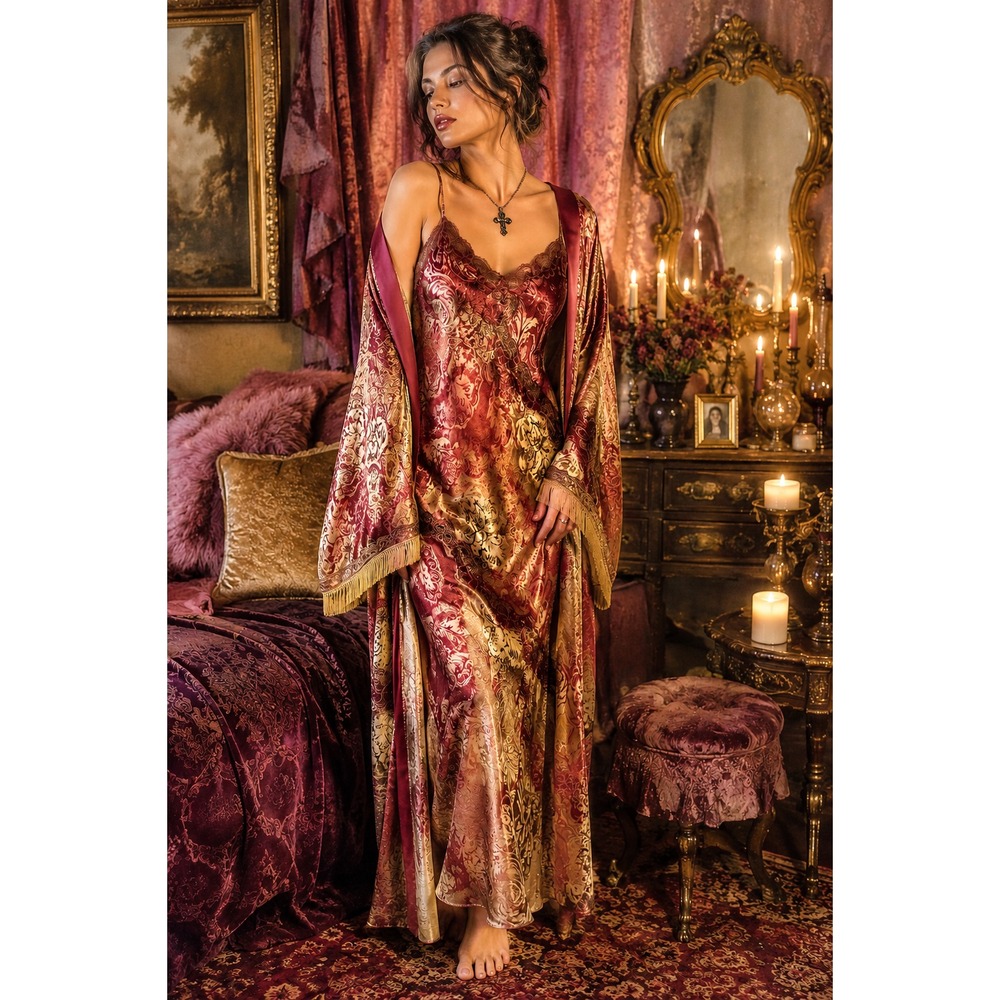 California Dynasty VTG 90s Lingerie Set L Slip Dress Robe Maxi Baroque Lace Y2K